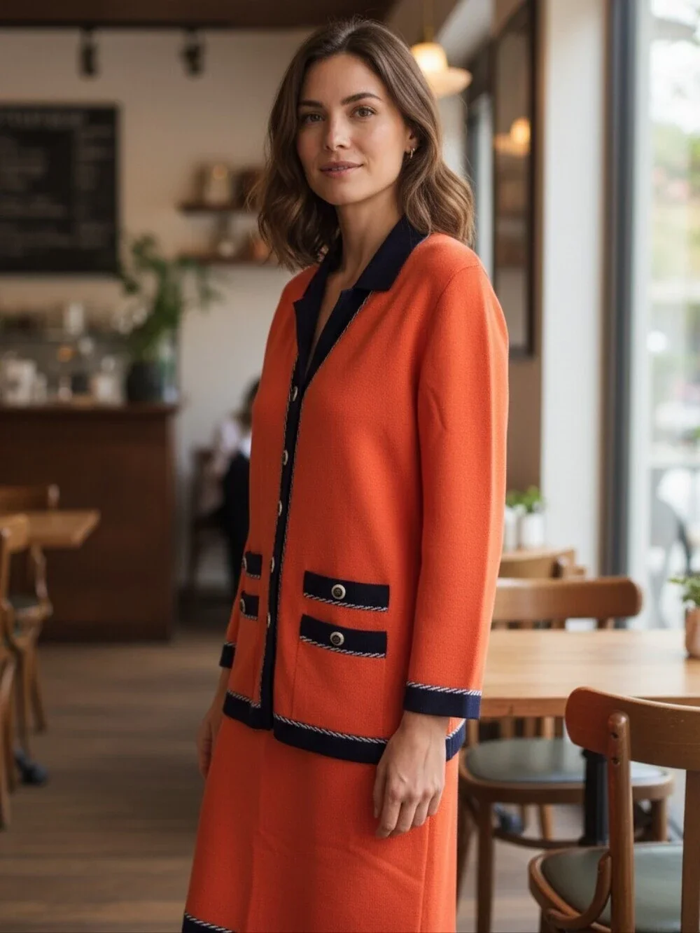 St. John Collection Vibrant 2-piece Cardigan Skirt Set Santana Knit Orange Navy